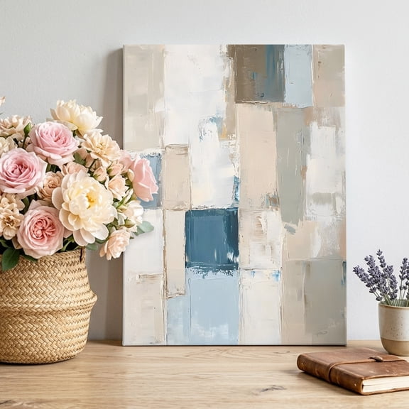 Abstract Color Block Canvas Wall Art for Living Room, Blue Beige Oil Painting Style Geometric Poster Print Painting for Bedroom Office Home Decoration Wall Pictures Prepare To Hang 8"x10"
