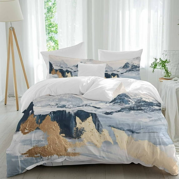Abstract Color Block Duvet Cover Set Twin Size, White Gold Snow Mountain Gradient Art 4 Piece Soft Microfiber Bedding Set with 1 Duvet Cover, 1 Flat Sheet, 2 Pillowcases