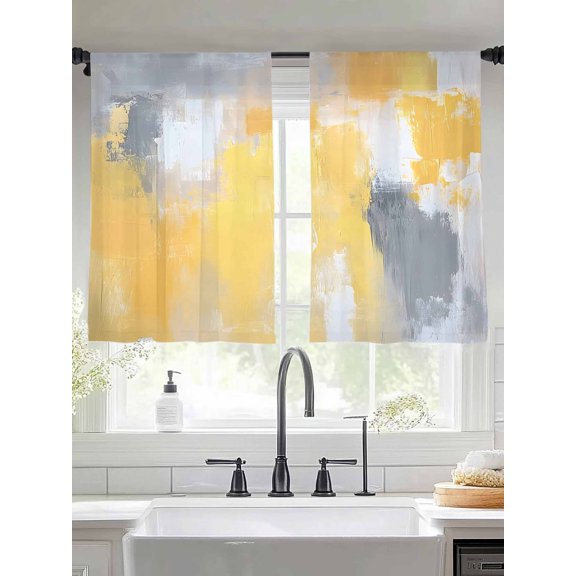 Abstract Color Block Graffiti Sheer Curtains 45 Inches Long 2 Panels Yellow Grey Oil Painting Style Light Filtering Semi Sheer Window Curtains Drapes for Bedroom Living Room 52"x45"