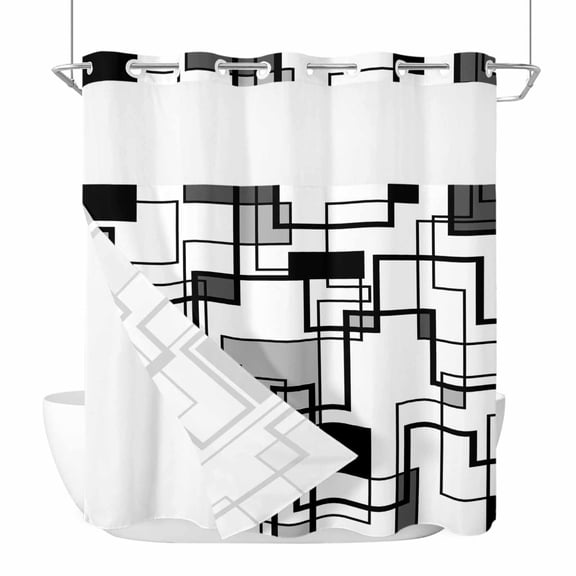 Abstract Color Block No Hook Shower Curtain with Snap in Liner Black Gray Rectangular Geometric Modern Waterproof Bathroom Shower Curtain with See Through Top Window for Bathtub 72" x 72"