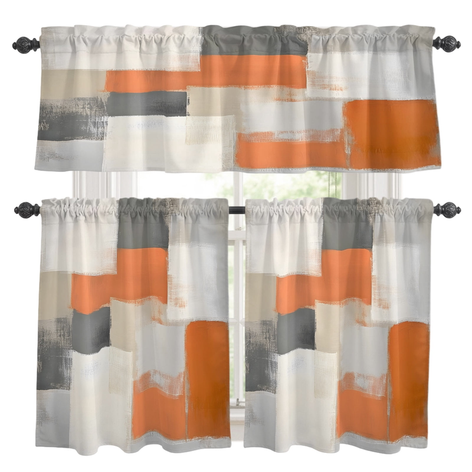 Abstract Color Block Kitchen Curtains And Valances Set Orange Grey abstract-color-block-kitchen-curtains-and-valances-set-orange-grey