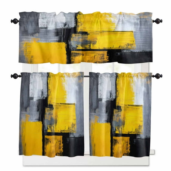 Abstract Color Block Kitchen Curtains and Valances Set, Yellow Block Modern Gradient Black Rod Pocket Window Valance 18 Inch Window Curtain Panels for Living Room Bedroom Laundry, 27.5x24in, 3 Pieces