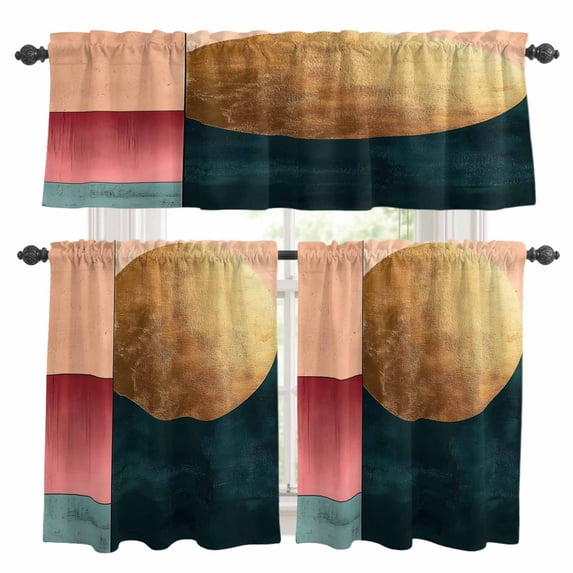 Abstract Color Block Kitchen Curtains Valances and Tiers Set of 3 Gold Pink Geometric Circle Modernism Tier Curtains and Valance with Rod Pocket for Small Windows, 27.5"x24"