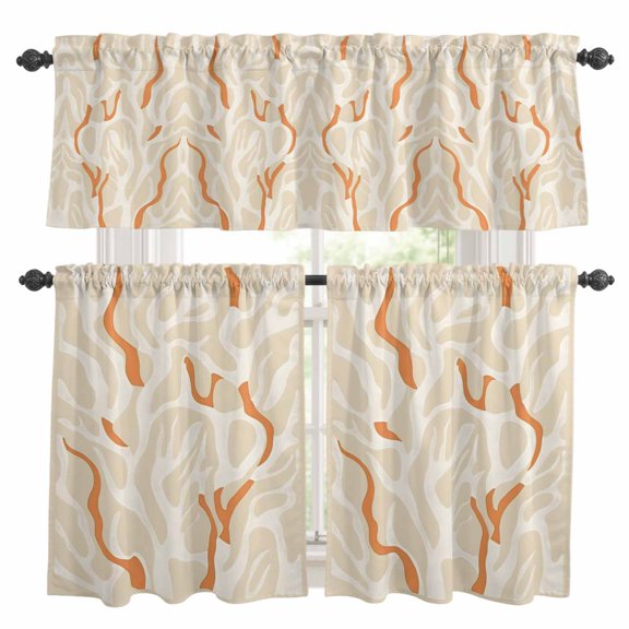 Abstract Color Block Kitchen Curtains Valances and Tiers Set of 3 Modern Orange Beige Line Tier Curtains and Valance with Rod Pocket for Small Windows, 27.5"x24"