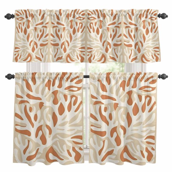 Abstract Color Block Kitchen Curtains Valances and Tiers Set of 3 Modernism Beige Orange Line Tier Curtains and Valance with Rod Pocket for Small Windows, 27.5"x24"