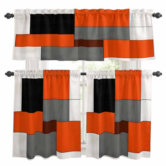 Abstract Color Block Kitchen Curtains Valances and Tiers Set of 3 Red Grey Geometric Modern Style Tier Curtains and Valance with Rod Pocket for Small Windows, 27.5"x24"