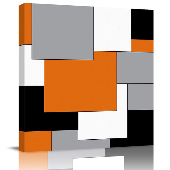 Abstract Color Block Orange Grey White Canvas Artwork Painting Art, Geometric Plaid Square Framed Wall Decorations Prints Picture for Bedroom Kitchen Living Room, 8x8 in