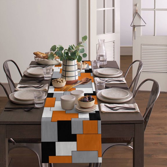 Abstract Color Block Orange Grey White Table Runner 13x72in Non-Slip Cotton Linen Table Runners, Geometric Plaid Dresser Scarves TableRunner for Dinner Kitchen Dining Wedding Party