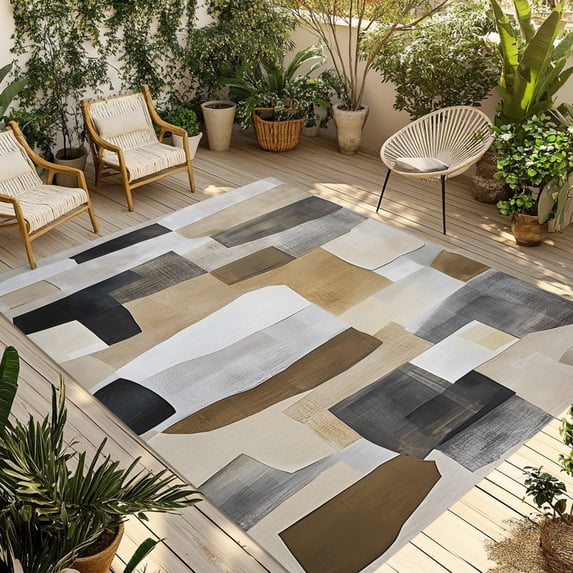 Abstract Color Block Outdoor Rug 4x6 ft Brown Geometric Oil Painting ...