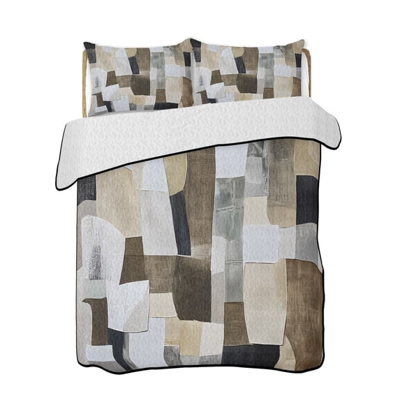 View of Abstract Color Block Quilts Bedding Set King Size Brown White Geometric ...