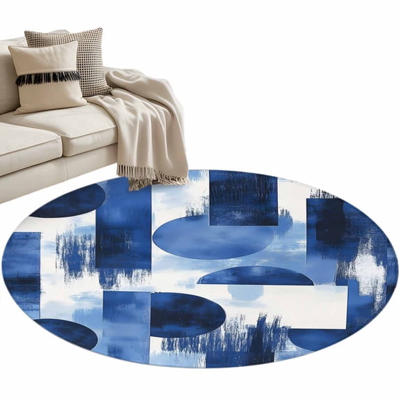 Abstract Color Block Round Area Rug 3.3ft Blue White Geometric Vintage Art Non-Slip Washable Circle Rugs Soft Felt Indoor Floor Mat for Bedroom Kitchen Living Room Bathroom