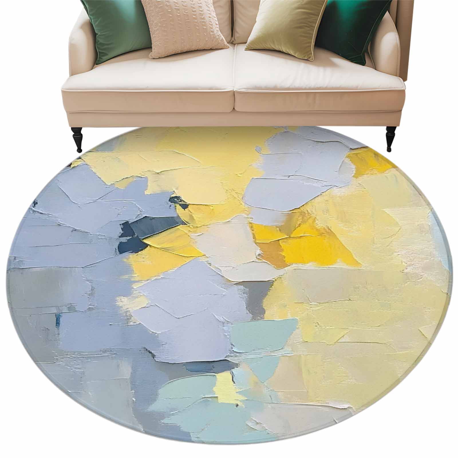 Abstract Color Block Round Area Rug 6ft Yellow Blue Modern Oil Painting ...