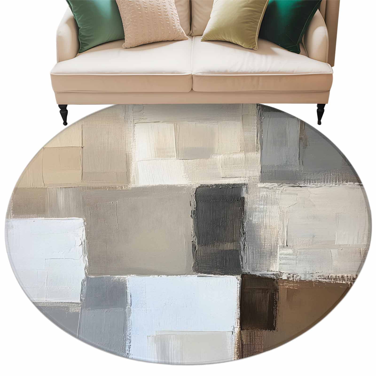 Abstract Color Block Round Area Rug 7ft Brown Grey Geometric Modern Oil ...