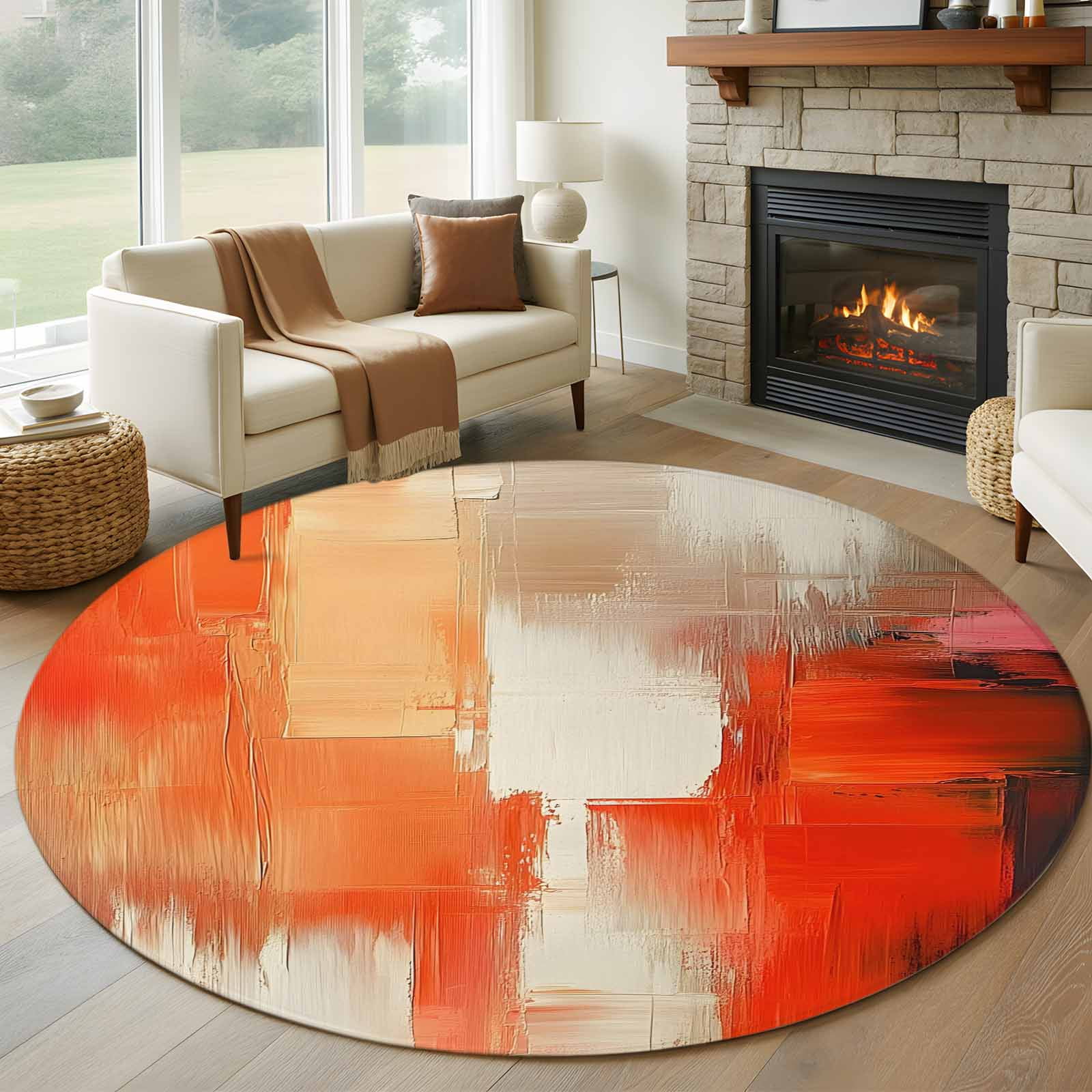 Abstract Color Block Round Rugs for Living Room 5ft Orange Block Oil ...