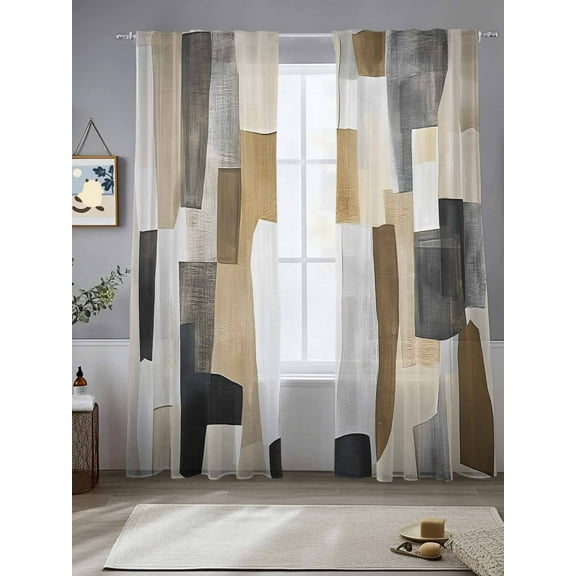 Abstract Color Block Sheer Curtains 108 Inches Long 2 Panels Brown Geometric Oil Painting Art Light Filtering Semi Sheer Window Curtains Drapes for Bedroom Living Room 52"x108"