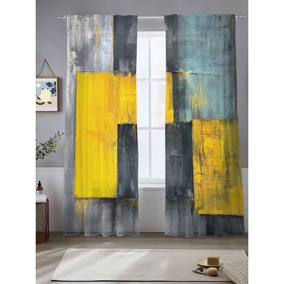 Abstract Color Block Sheer Curtains 108 Inches Long 2 Panels Yellow Block Gradient Black Modern Light Filtering Semi Sheer Window Curtains Drapes for Bedroom Living Room 52"x108"