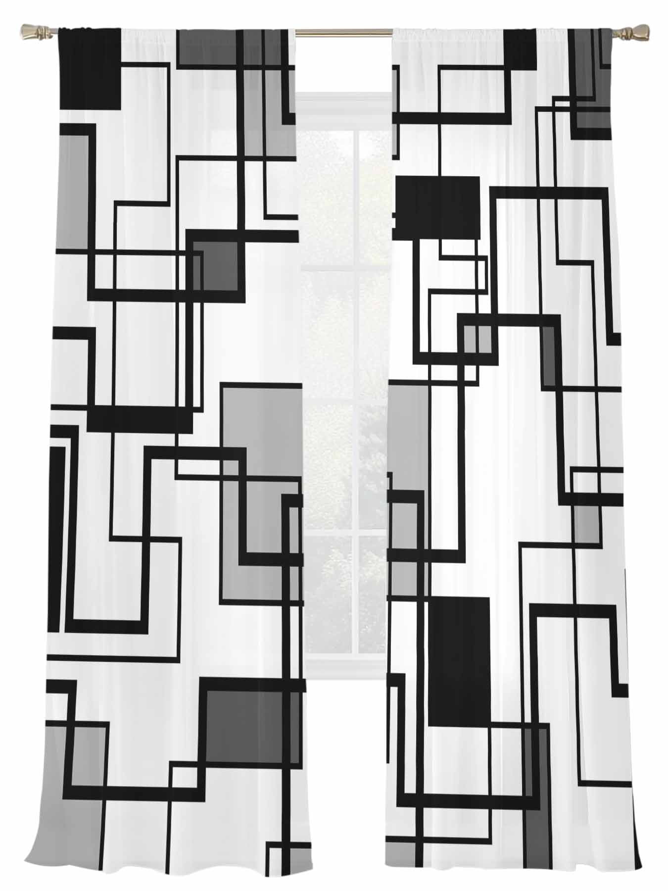 Abstract Color Block Sheer Curtains 2 Panels Set Black Gray Rectangular ...