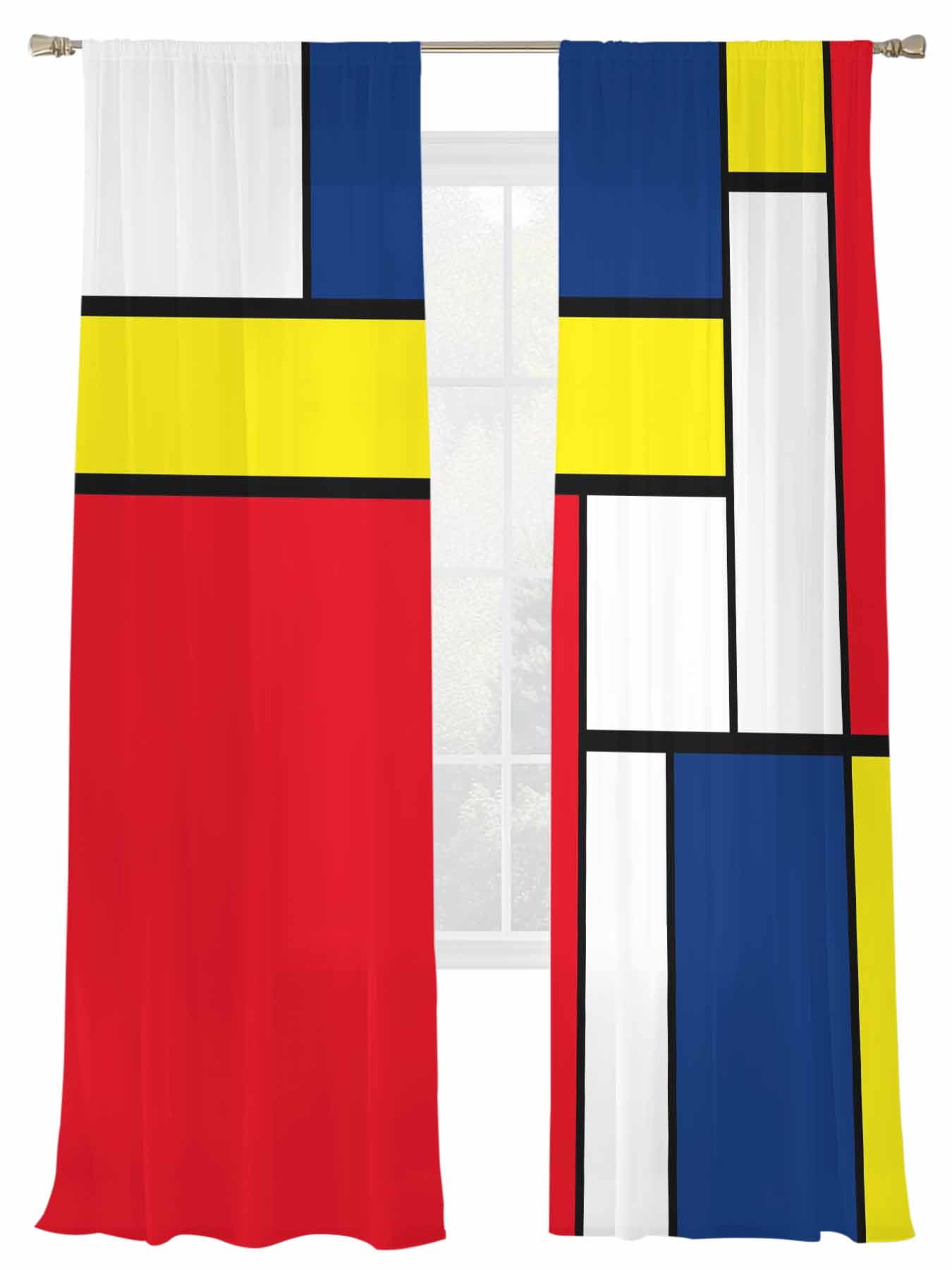 Rectangular Curtains Abstract Color Block Sheer Curtains 2 Panels Set Yellow Red Blue ...