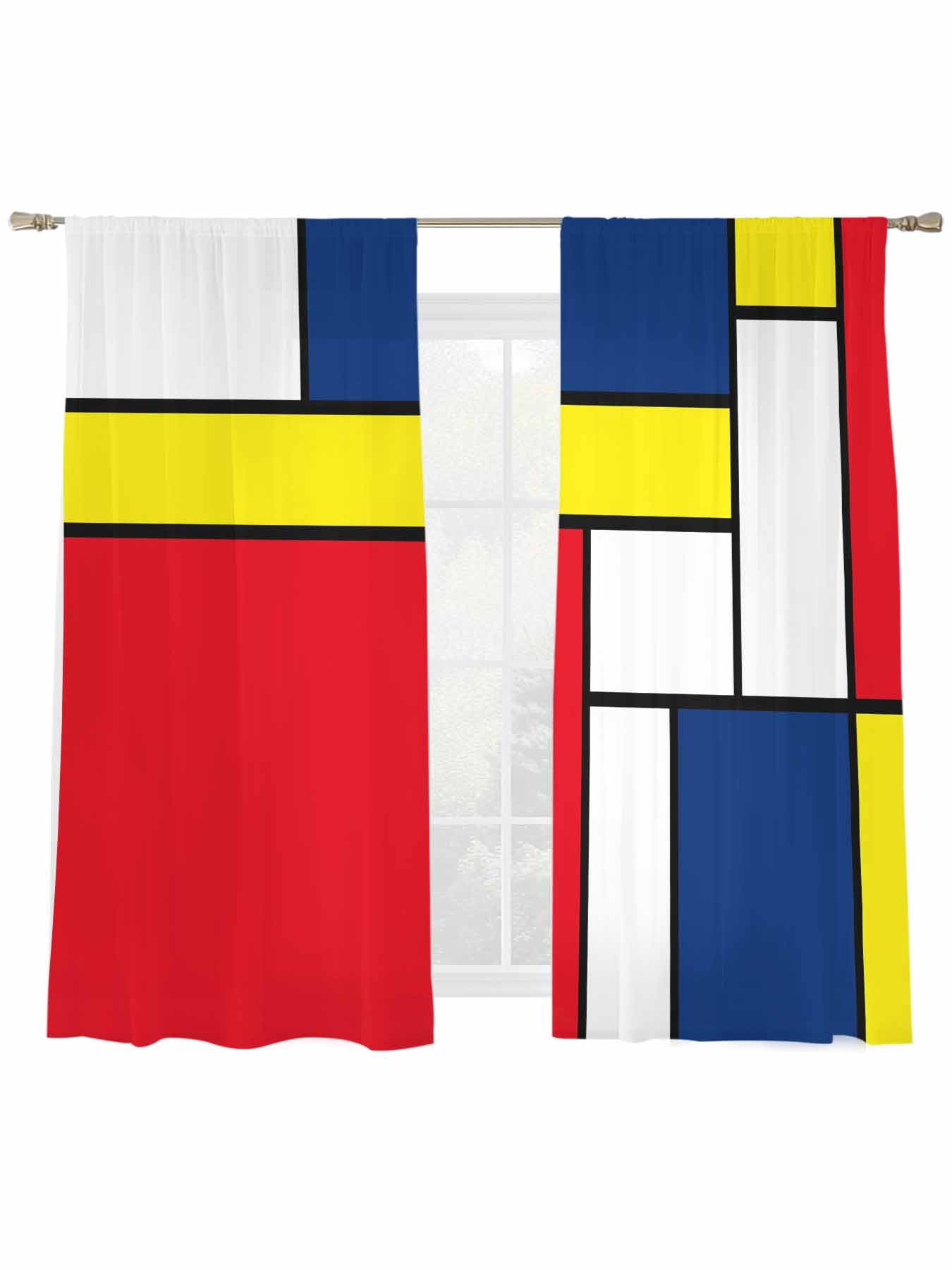 Rectangular Curtains Abstract Color Block Sheer Curtains 2 Panels Set Yellow Red Blue ...