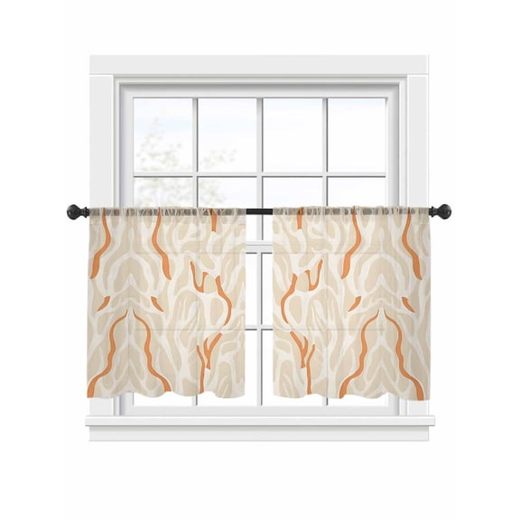 Abstract Color Block Sheer Curtains 45 Inch Long 2 Panels, Modern Orange Beige Line Light Filtering Rod Pocket Curtains, Sheer Voile Drapes for Living Room Bedroom, 52"x45"