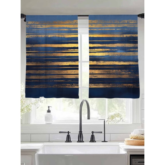 Abstract Color Block Sheer Curtains 45 Inches Long 2 Panels Gold Blue Lines Stripes Sky Modernism Light Filtering Semi Sheer Window Curtains Drapes for Bedroom Living Room 52"x45"