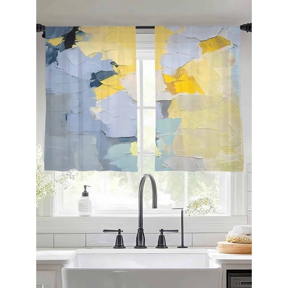 Abstract Color Block Sheer Curtains 45 Inches Long 2 Panels Yellow Blue Modern Oil Painting Art Light Filtering Semi Sheer Window Curtains Drapes for Bedroom Living Room 52"x45"
