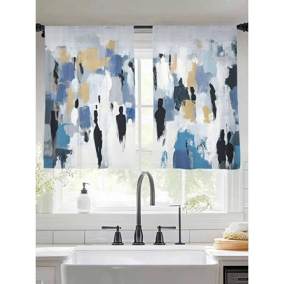 Abstract Color Block Sheer Curtains 54 Inches Long 2 Panels Blue Gold Impressionist Painting Art Light Filtering Semi Sheer Window Curtains Drapes for Bedroom Living Room 52"x54"