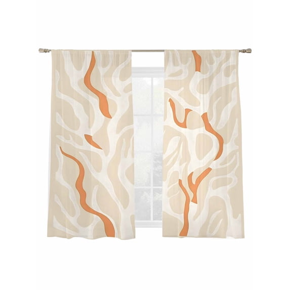 Abstract Color Block Sheer Curtains 63 Inch Long 2 Panels, Modern Orange Beige Line Light Filtering Rod Pocket Curtains, Sheer Voile Drapes for Living Room Bedroom, 52"x63"