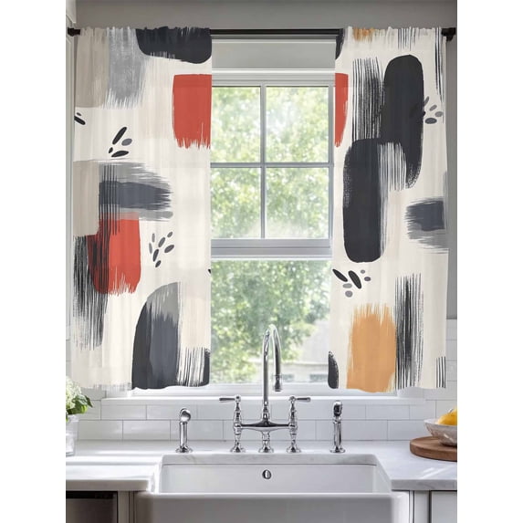 Abstract Color Block Sheer Curtains 72 Inches Long 2 Panels Beige Black Brush Modernism Light Filtering Semi Sheer Window Curtains Drapes for Bedroom Living Room 52"x72"