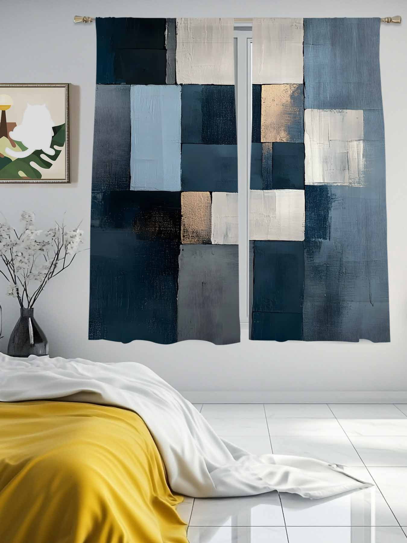 Abstract Color Block Sheer Curtains 72 Inches Long 2 Panels, Semi Sheer ...