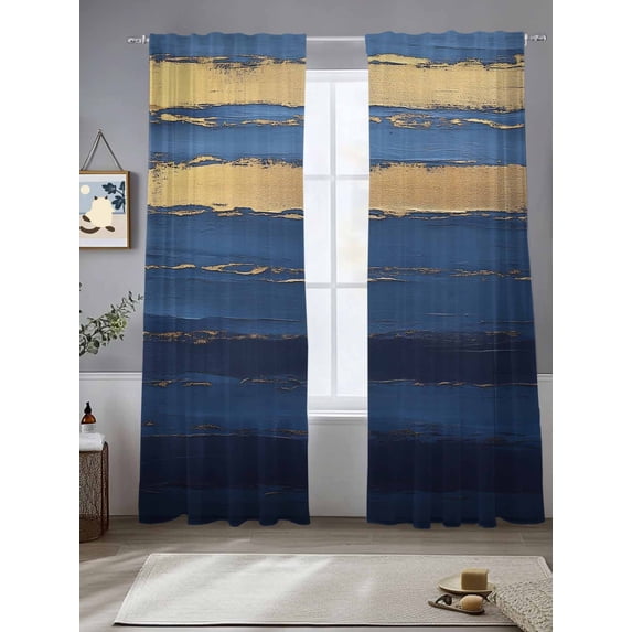 Abstract Color Block Sheer Curtains 96 Inches Long 2 Panels Gold Blue Lines Modernism Light Filtering Semi Sheer Window Curtains Drapes for Bedroom Living Room 52"x96"