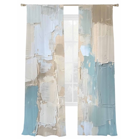 Abstract Color Block Sheer Curtains for Living Room Bedroom, Light-filtering Sheer Curtain, Blue Geometric Oil Painting Art Rod Pocket Voile Window Treatment Drapes, 52’’Wx84’’L, 2 Panels Set