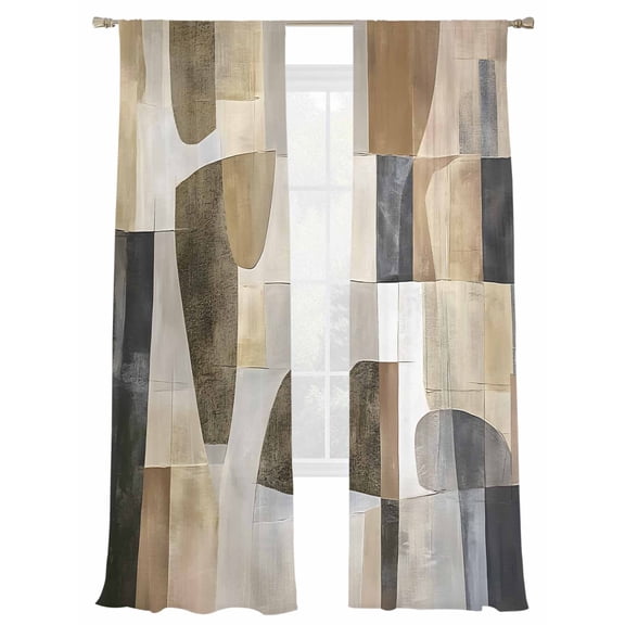 Abstract Color Block Sheer Curtains for Living Room Bedroom, Light-filtering Sheer Curtain, Brown Beige Geometric Modern Art Rod Pocket Voile Window Treatment Drapes, 52’’Wx108’’L, 2 Panels Set
