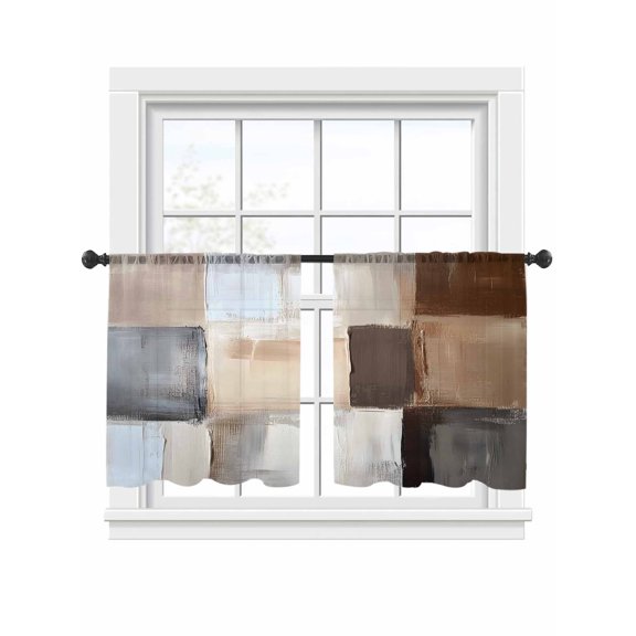 Abstract Color Block Sheer Curtains for Living Room Bedroom, Light-filtering Sheer Curtain, Brown Geometric Oil Painting Style LigRod Pocket Voile Window Treatment Drapes, 52’’Wx54’’L, 2 Panels Set