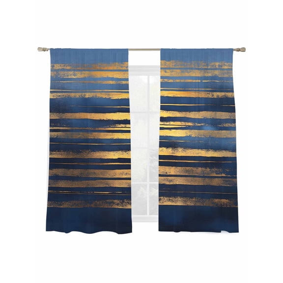 Abstract Color Block Sheer Curtains for Living Room Bedroom, Light-filtering Sheer Curtain, Gold Blue Lines Stripes Sky Modernism Rod Pocket Voile Window Treatment Drapes, 52’’Wx72’’L, 2 Panels Set