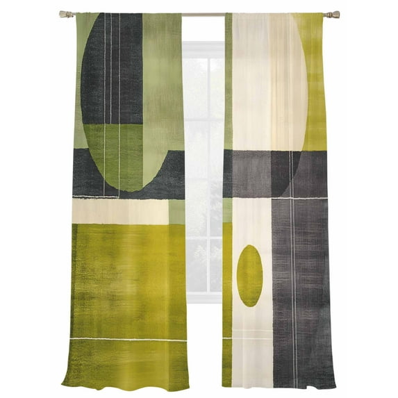 Abstract Color Block Sheer Curtains for Living Room Bedroom, Light-filtering Sheer Curtain, Green Yelow Geometric Modern Style Rod Pocket Voile Window Treatment Drapes, 52’’Wx84’’L, 2 Panels Set