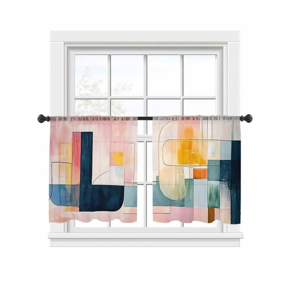 Abstract Color Block Sheer Curtains for Living Room Bedroom, Light-filtering Sheer Curtain, Pink Yelow Geometric Modern Style Light-Rod Pocket Voile Window Treatment Drapes, 52’’Wx45’’L, 2 Panels Set
