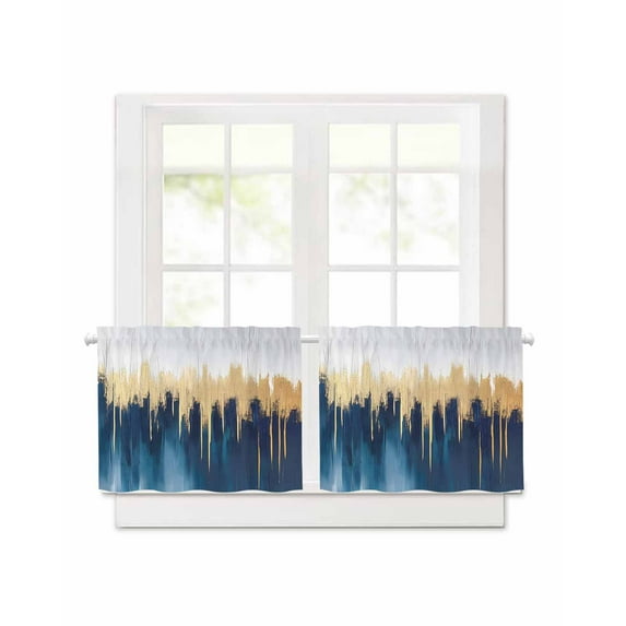 Abstract Color Block Short Blackout Curtains 24 Inch Long Blue Block Gradient Gold Modern Rod Pocket Kitchen Curtains, 2 Panels Thermal Insulated Room Darkening Drapes for Bedroom, 42"W x 24"L