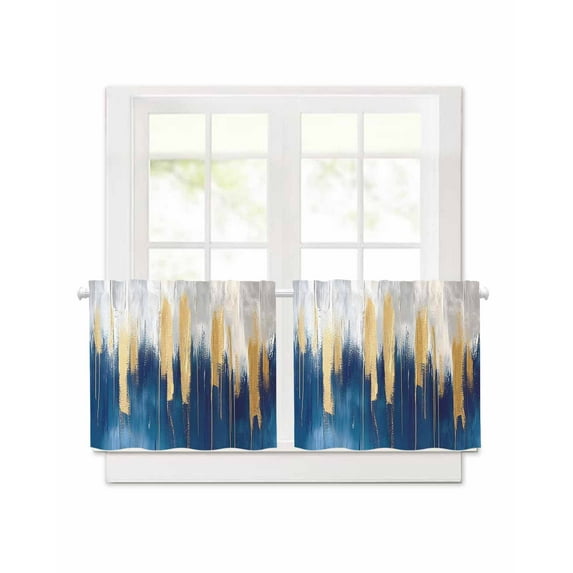 Abstract Color Block Short Blackout Curtains 45 Inch Long Navy Block Impressionist Style Rod Pocket Kitchen Curtains, 2 Panels Thermal Insulated Room Darkening Drapes for Bedroom, 42"W x 45"L