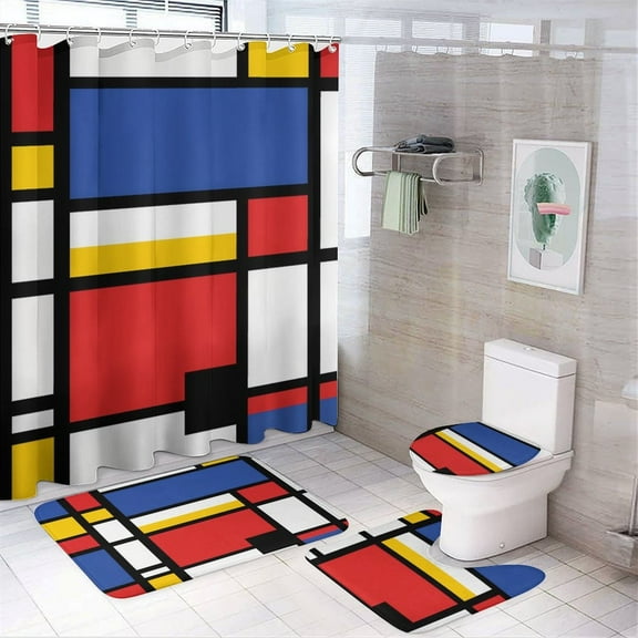 Abstract Color Block Shower Curtain And Rugs Mat Set For Bathroom Bath Curtains Decoration Accessories Bathtub Screen 4 Pcs