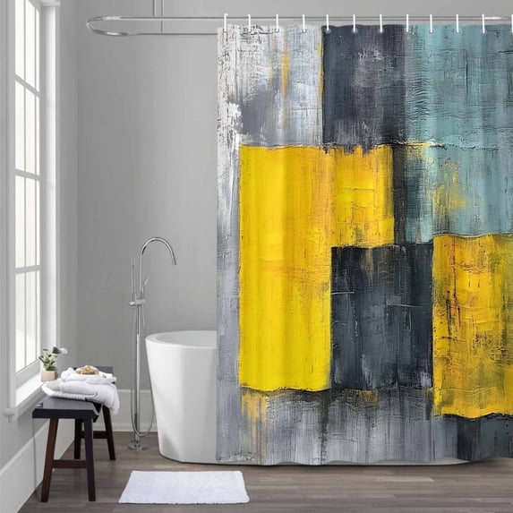 Abstract Color Block Shower Curtain for Bathroom Decor, Yellow Block Gradient Black Modern Waterproof Fabric Shower Curtain, 36"x72" Set with 12 Hooks