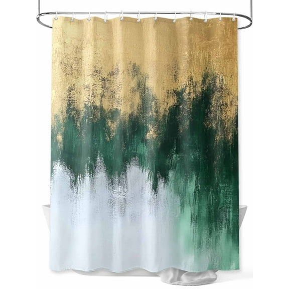 Abstract Color Block Shower Curtain, Gradient Gold Green Impressionist Waterproof Shower Curtain Set with 12 Hooks Lightweight Washable Fabric Shower Curtains for Bathroom 36x72 Inches
