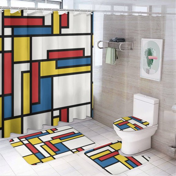 Abstract Color Block Shower Curtain Waterproof Bathroom Curtain Anti-slip Bath Mat Set Toilet Rugs Carpet 4pcs