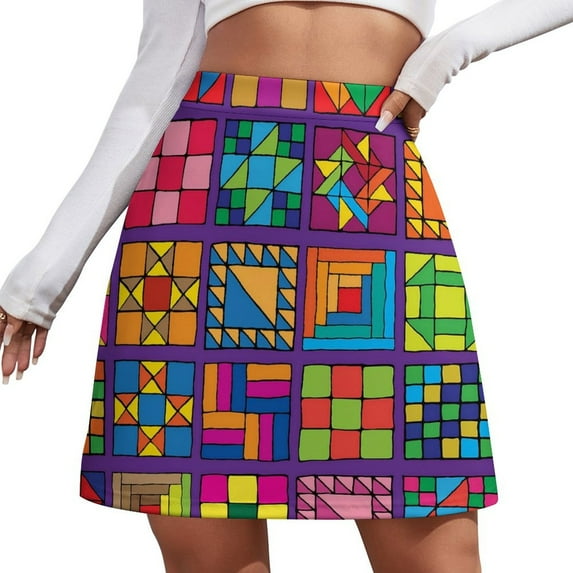 Abstract Color Block Skirt Womens Leaf Print Vintage Mini Skirts Summer Streetwear High-wa