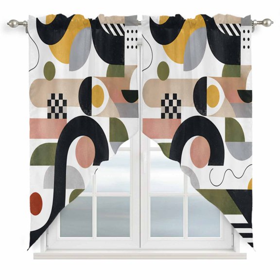 Abstract Color Block Swag Curtain Valance for Windows, Modern Black Pink Green Circle Arch Forms Window Treatments Short Swag Topper for Kitchen Windows Bathroom Bedroom, 36"x63"