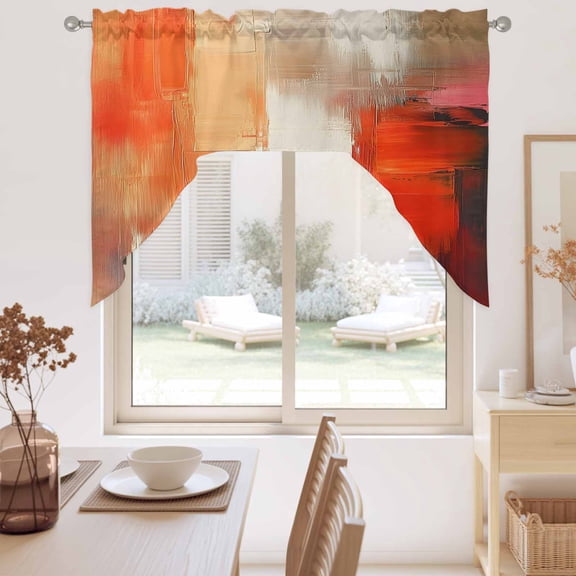 Abstract Color Block Swag Valance for Windows, Orange Block Oil Painting Gradient Swag Curtains Valances for Small Window Treatment Rod Pocket for Kitchen Bathroom 1 Panel 56x36in