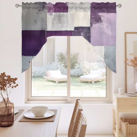 Abstract Color Block Swag Valance for Windows, Purple Block Oil Painting Gradient Gray Swag Curtains Valances for Small Window Treatment Rod Pocket for Kitchen Bathroom 1 Panel 56x36in