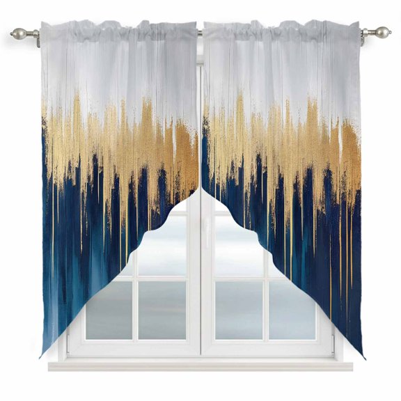 Abstract Color Block Swag Valances for Windows 2 Pack Blue Block Gradient Gold Modern Swag Kitchen Curtains 36 Inches Long Rod Pocket Short Window Treatment for Kitchen Bathroom 28"x36"