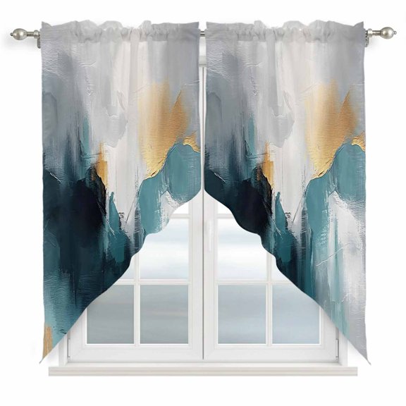 Abstract Color Block Swag Valances for Windows 2 Pack Gradient Blue Grey Black Modern Style Swag Kitchen Curtains 36 Inches Long Rod Pocket Short Window Treatment for Kitchen Bathroom 28"x36"