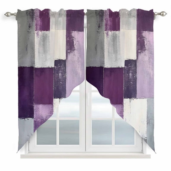 Abstract Color Block Swag Valances for Windows 2 Pack Purple Block Oil Painting Gradient Gray Swag Kitchen Curtains 36 Inches Long Rod Pocket Short Window Treatment for Kitchen Bathroom 28"x36"
